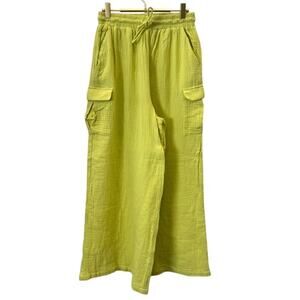 Easel – Textured Cotton Cargo Wide-Leg Pants – Lime – S